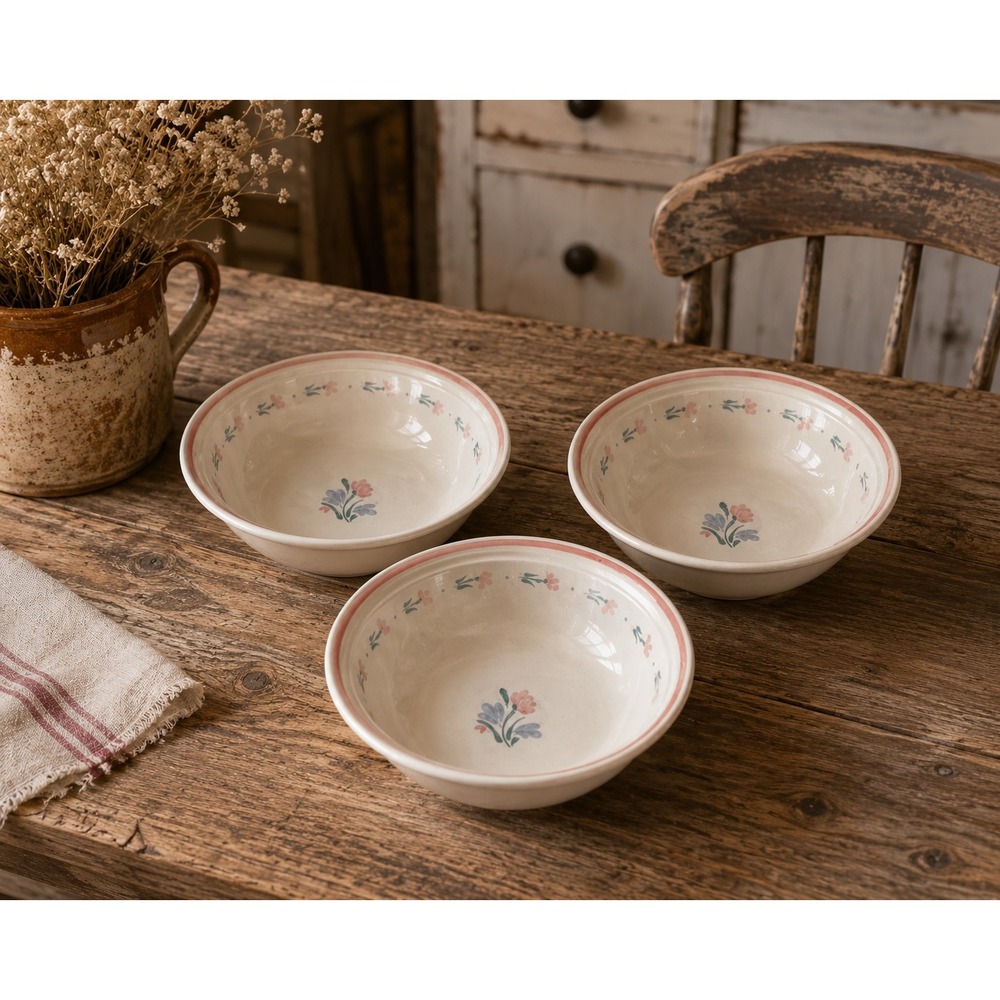 Tienshan Stoneware Country Floral Soup Cereal Bowls Pink Blue Set of 3 Vintage